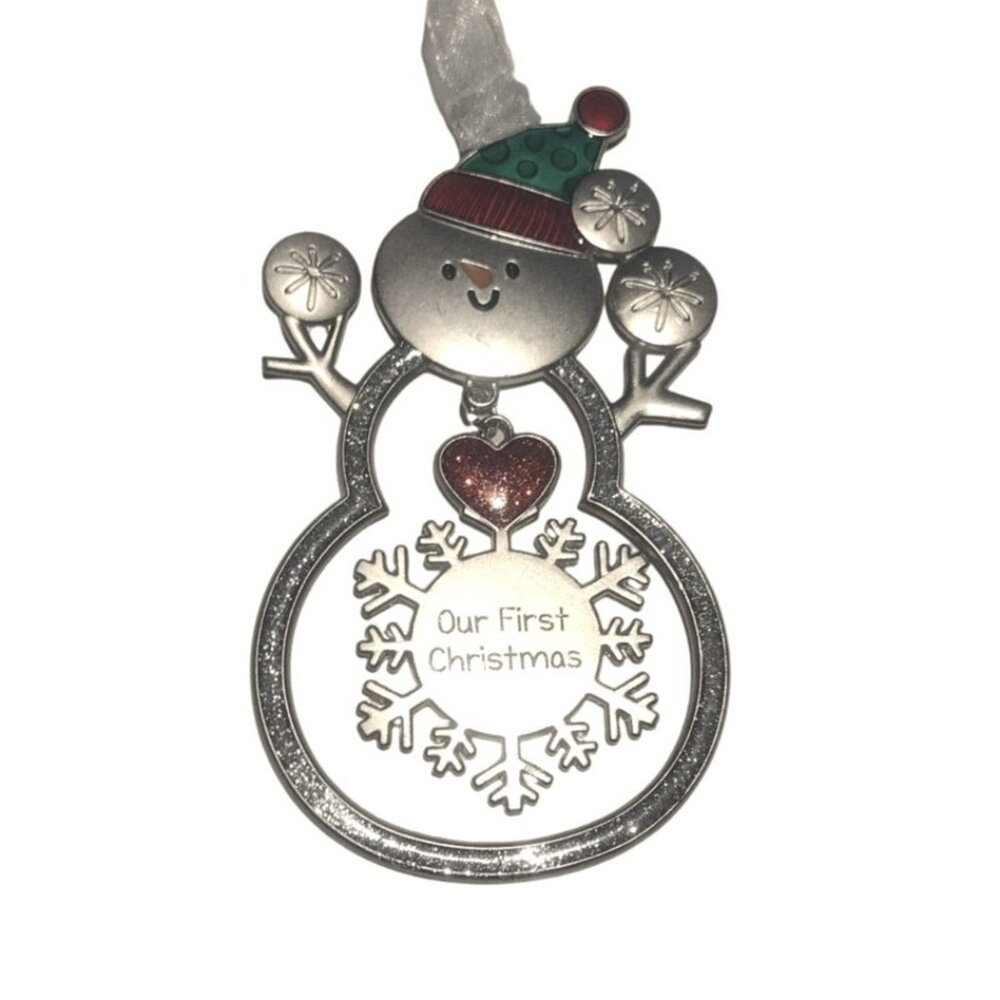 "Our First Christmas" Enameled Silver Metal Snowman Ornament With Ribbon 3" Gift